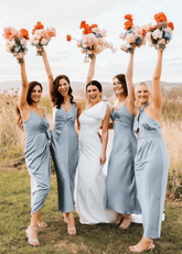 Yetta | Fashion Pleated Grey Blue Halter Satin Long Bridesmaid Dresses with Slit A Line - Price #price_variant_lowest# - Grey Blue - PromDressClub